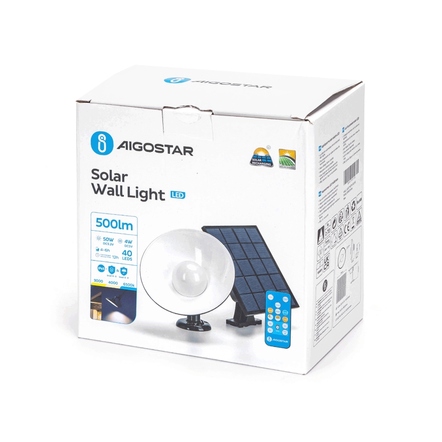 Aigostar - LED Solárne nástenné svietidlo LED/3,2V 3000K/4000K/6500K IP65 + diaľkové ovládanie