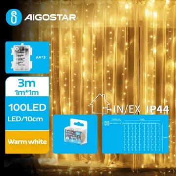 Aigostar - LED Vonkajšia vianočná reťaz 100xLED/8 funkcií 3xAA 4x1m IP44 teplá biela