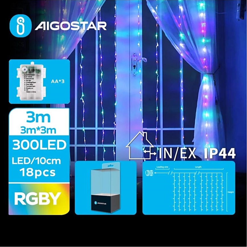 Aigostar - LED Vonkajšia vianočná reťaz 300xLED/8 funkcií 3xAA 6x3m IP44 multicolor