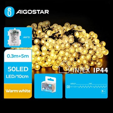 Aigostar - LED Vonkajšia vianočná reťaz 50xLED/3xAA/8 funkcií 5,3 m IP44 teplá biela