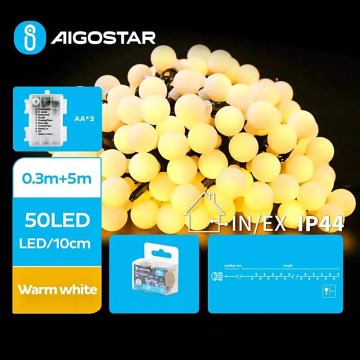 Aigostar - LED Vonkajšia vianočná reťaz 50xLED/3xAA/8 funkcií 5,3 m IP44 teplá biela