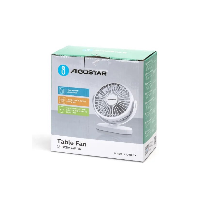 Aigostar - Nabíjací stolný ventilátor 4W/5V 1500mAh biela