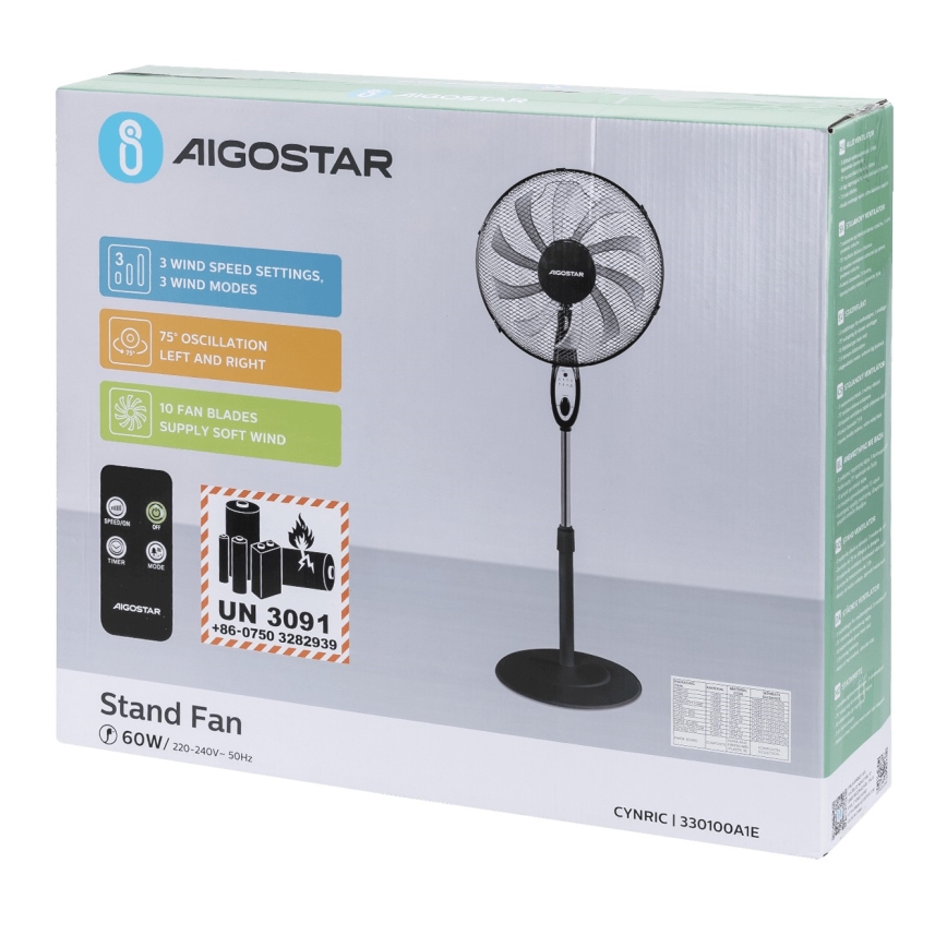 Aigostar - Stojanový ventilátor 60W/230V čierna + diaľkové ovládanie