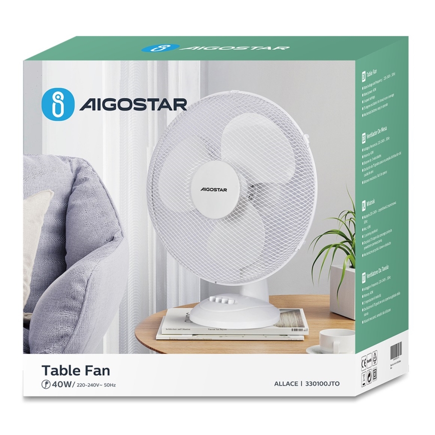 Aigostar - Stolný ventilátor 40W/230V biela