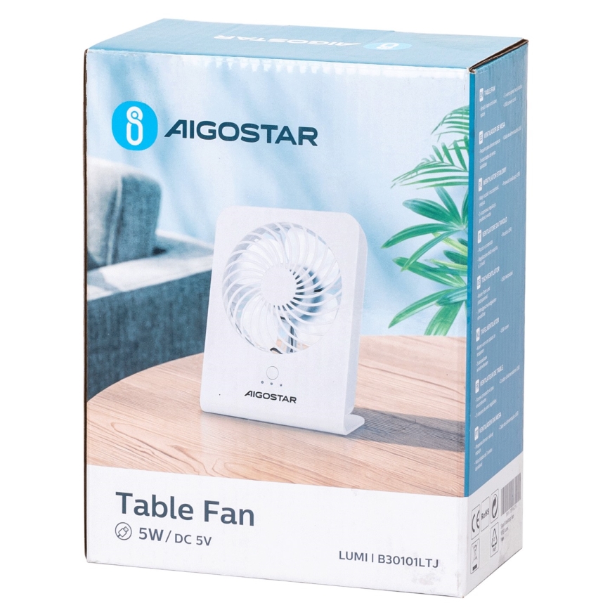 Aigostar - Stolný ventilátor 5W/5V biela