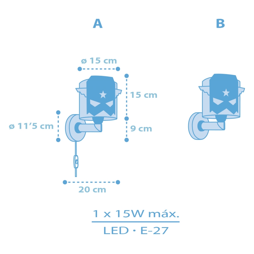 Dalber 61819 - Detské nástenné svietidlo MODRÁ HERO 1xE27/15W/230V