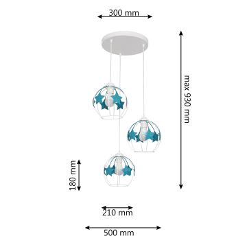 Detský luster na lanku STARS 3xE27/15W/230V tyrkysová/biela
