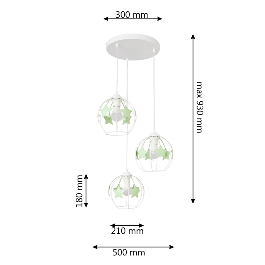 Detský luster na lanku STARS 3xE27/15W/230V zelená/biela
