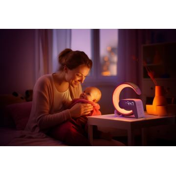 LED RGB Stmievateľná stolná lampa s budíkom a Qi nabíjaním 30W/230V strieborná