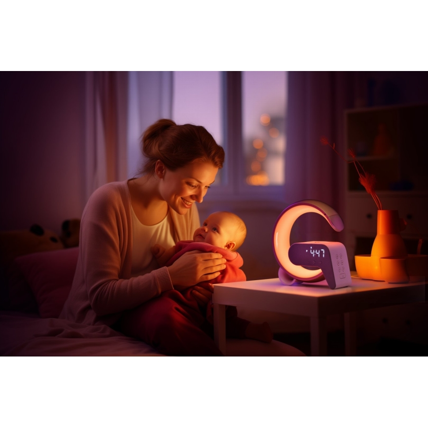 LED RGB Stmievateľná stolná lampa s budíkom a Qi nabíjaním 30W/230V strieborná