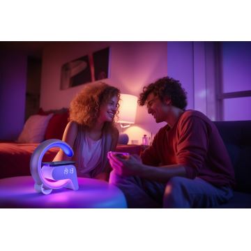 LED RGB Stmievateľná stolná lampa s budíkom a Qi nabíjaním 30W/230V strieborná