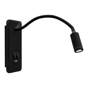 LED Flexibilná nástenná lampička s USB BASE 1xLED/8W+1xLED/2W/230V čierna