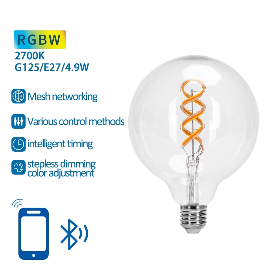 LED RGBW Žiarovka FILAMENT G125 E27/4,9W/230V 2700K - Aigostar