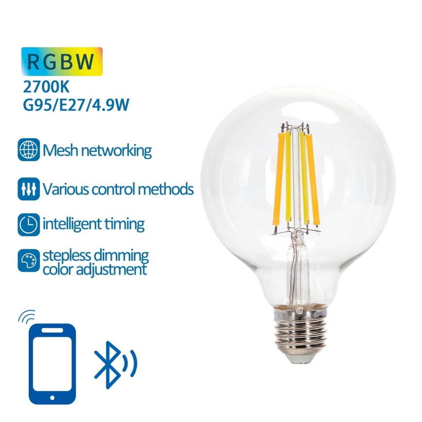 LED RGBW Žiarovka FILAMENT G95 E27/4,9W/230V 2700K - Aigostar