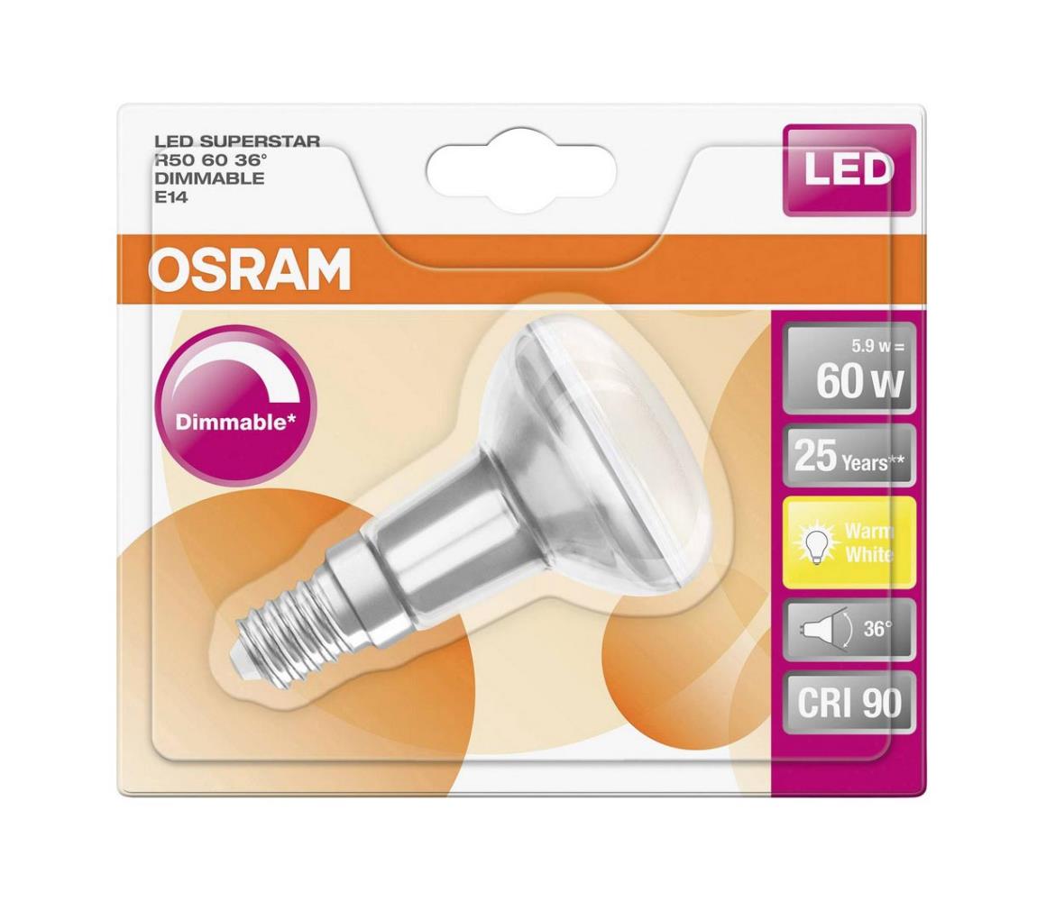 Obrázok LEDVANCE OSRAM LED SUPERSTAR R50 36° 230V 5,9W 927 E14 DIM A Sklo 345lm 2700K 25000h (blistr 1ks)