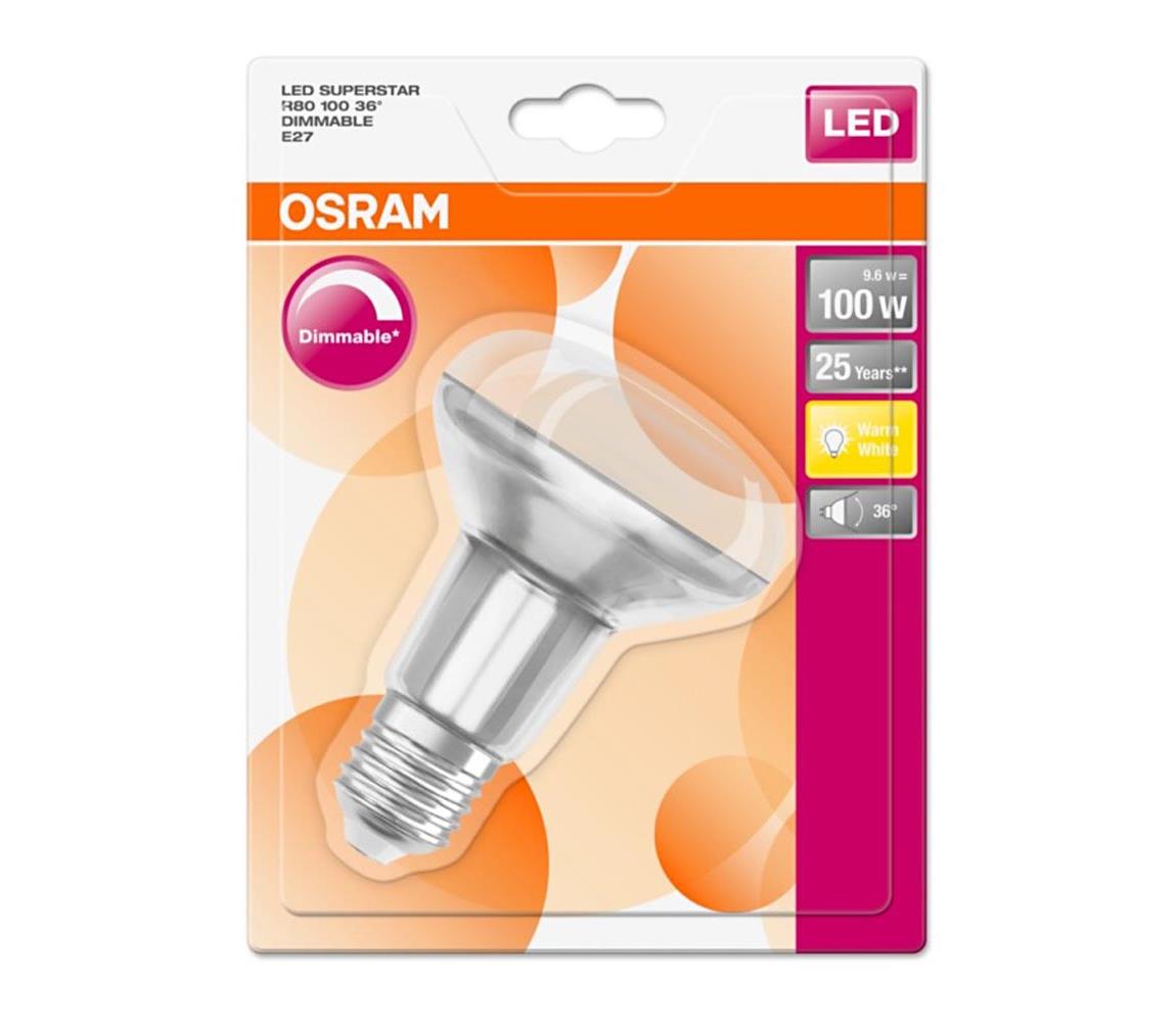 Obrázok LEDVANCE OSRAM LED SUPERSTAR R80 36° 230V 9,6W 827 E27 DIM A Sklo 670lm 2700K 25000h (blistr 1ks)