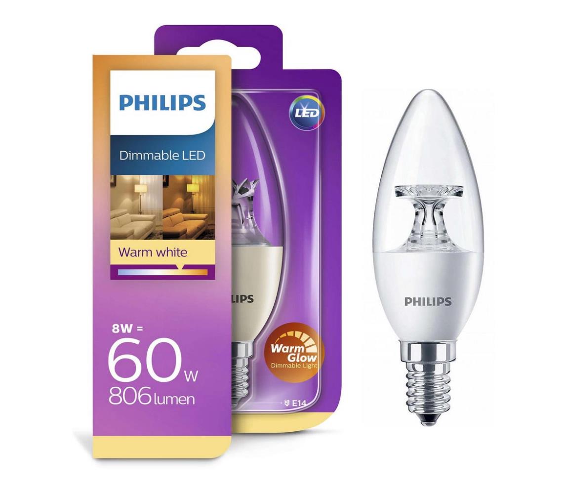 Obrázok Philips LED sviečka 8 - 60W, E14, 2700K, číra, WarmGlow stmievateľná (929001211701)