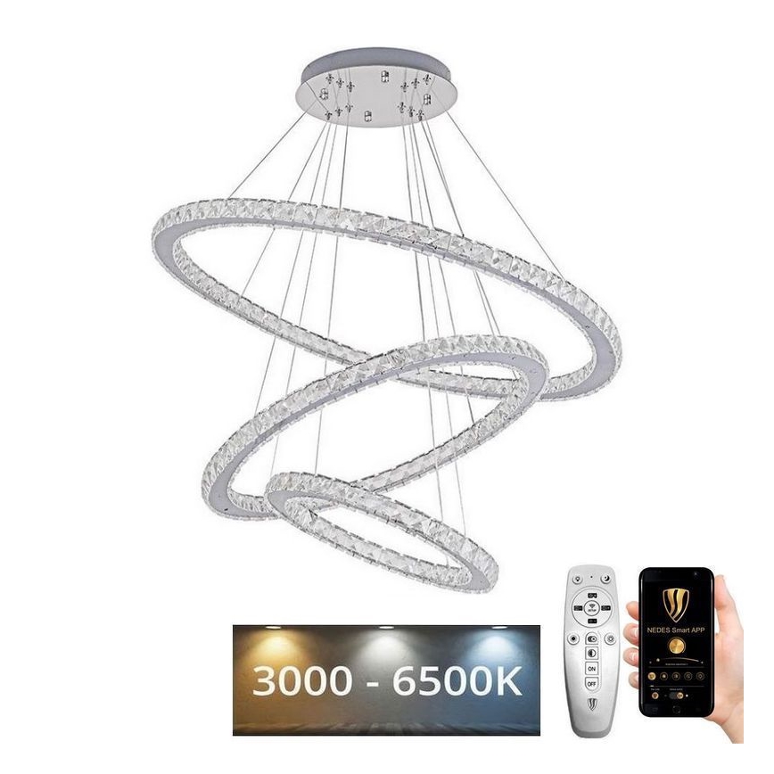 LED Stmievateľný krištáľový luster na lanku LED/210W/230V 3000-6500K strieborná + diaľkové ovládanie