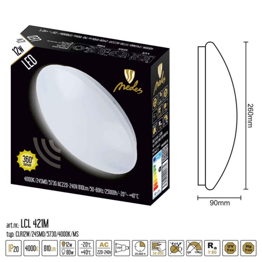 Nedes LCL421M - LED stropné svietidlo so senzorom LED/12W/230V