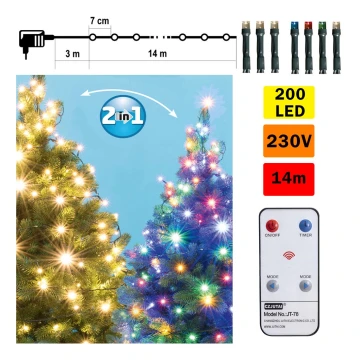 LED Vianočná vonkajšia reťaz 200xLED 17m IP44 teplá biela/multicolor + diaľkové ovládanie