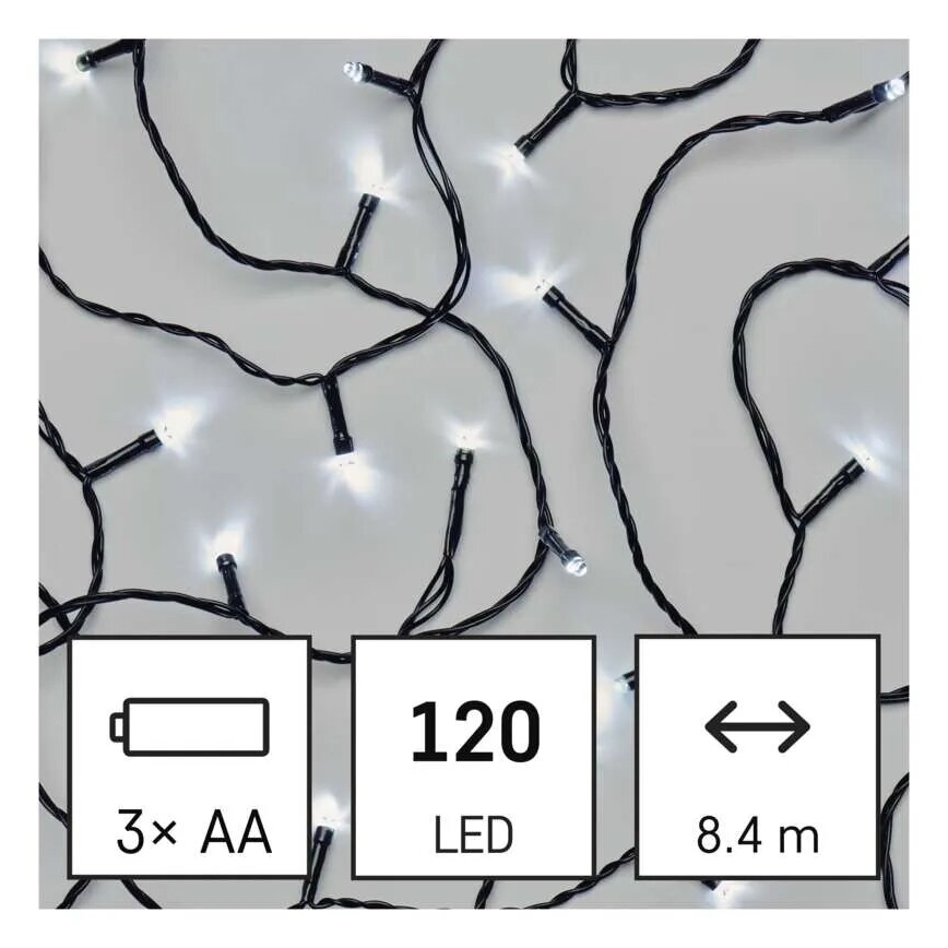 LED Vonkajšia vianočná reťaz 120xLED/3xAA 8,9m IP44 studená biela