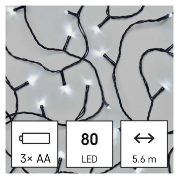 LED Vonkajšia vianočná reťaz 80xLED/3xAA 6,1m IP44 studená biela