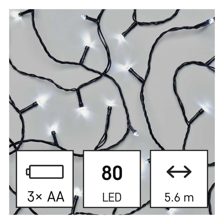 LED Vonkajšia vianočná reťaz 80xLED/3xAA 6,1m IP44 studená biela