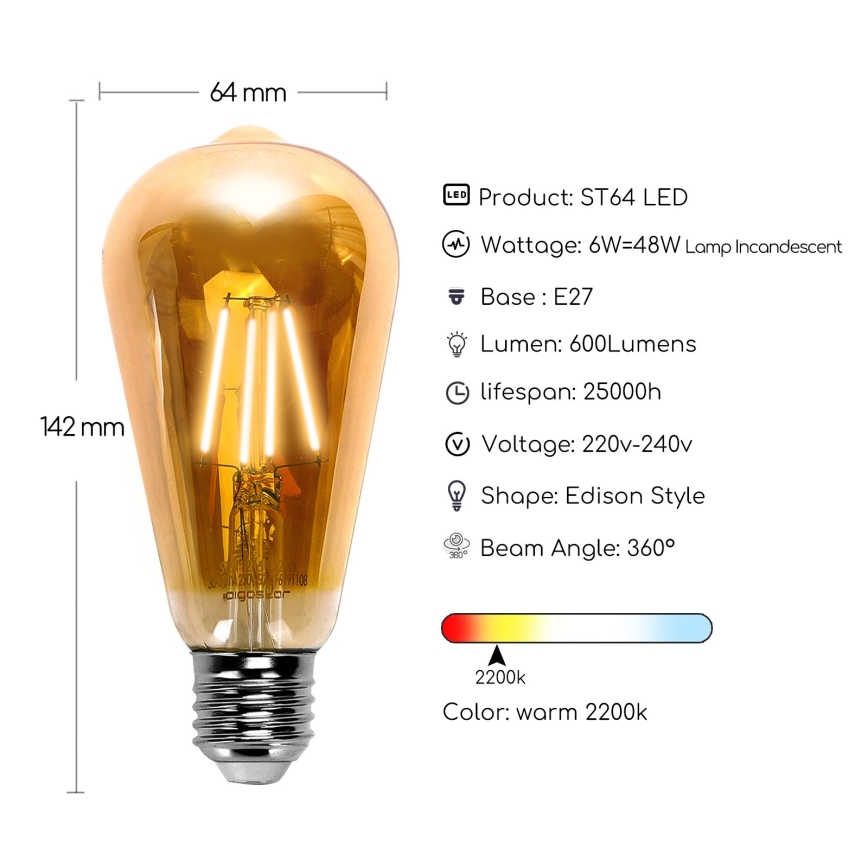 LED Žiarovka ST64 E27/6W/230V 2200K - Aigostar