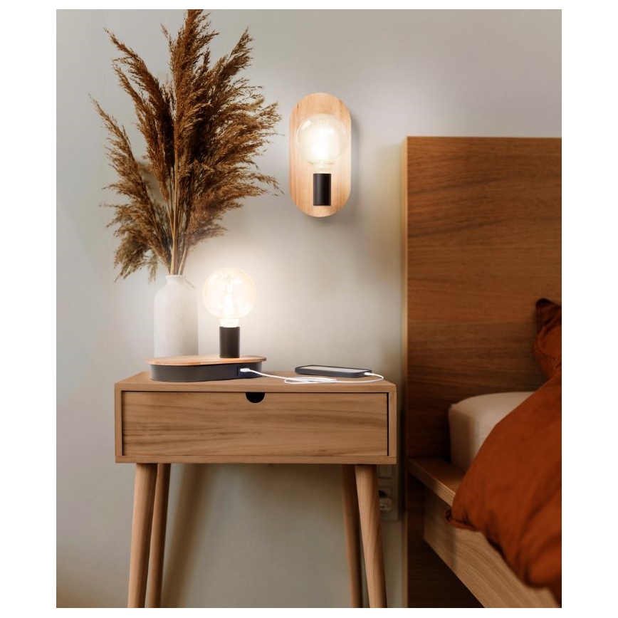 Ledvance - Dotyková stolná lampa s USB konektorom DECOR WOOD 1xE27/8W/230V gumovník