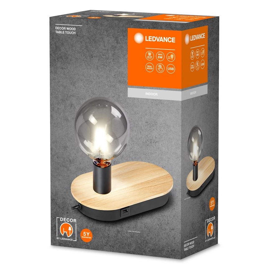 Ledvance - Dotyková stolná lampa s USB konektorom DECOR WOOD 1xE27/8W/230V gumovník