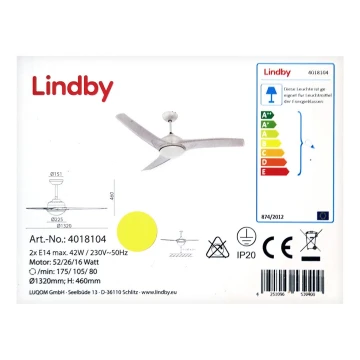 Lindby - Stropný ventilátor EMANUEL 2xE14/42W/230V + diaľkové ovládanie