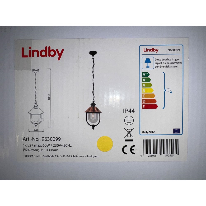 Lindby - Vonkajší luster na reťazi CLINT 1xE27/60W/230V IP44