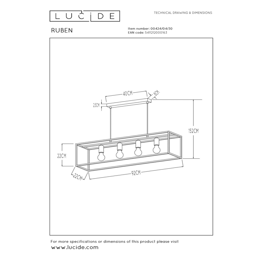 Lucide 00424/04/30 - Luster na lanku RUBEN 4xE27/40W/230V