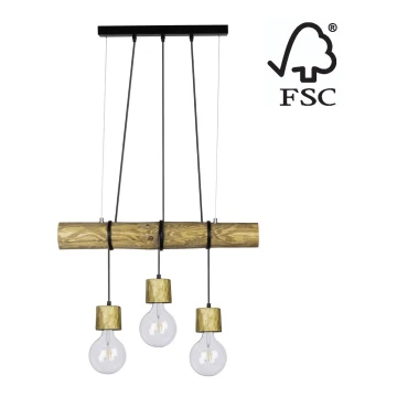 Luster na lanku TRABO 3xE27/60W/230V borovica – FSC certifikované