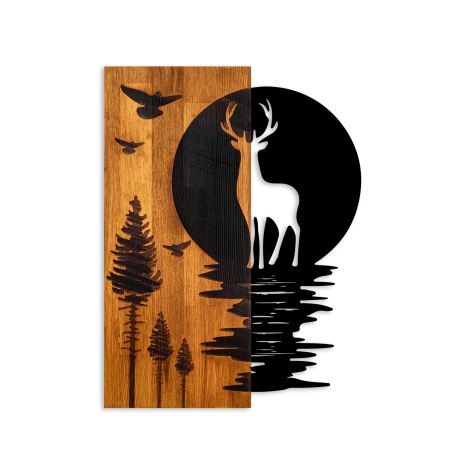 Nástenná dekorácia 43x58 cm jeleň a mesiac drevo/kov
