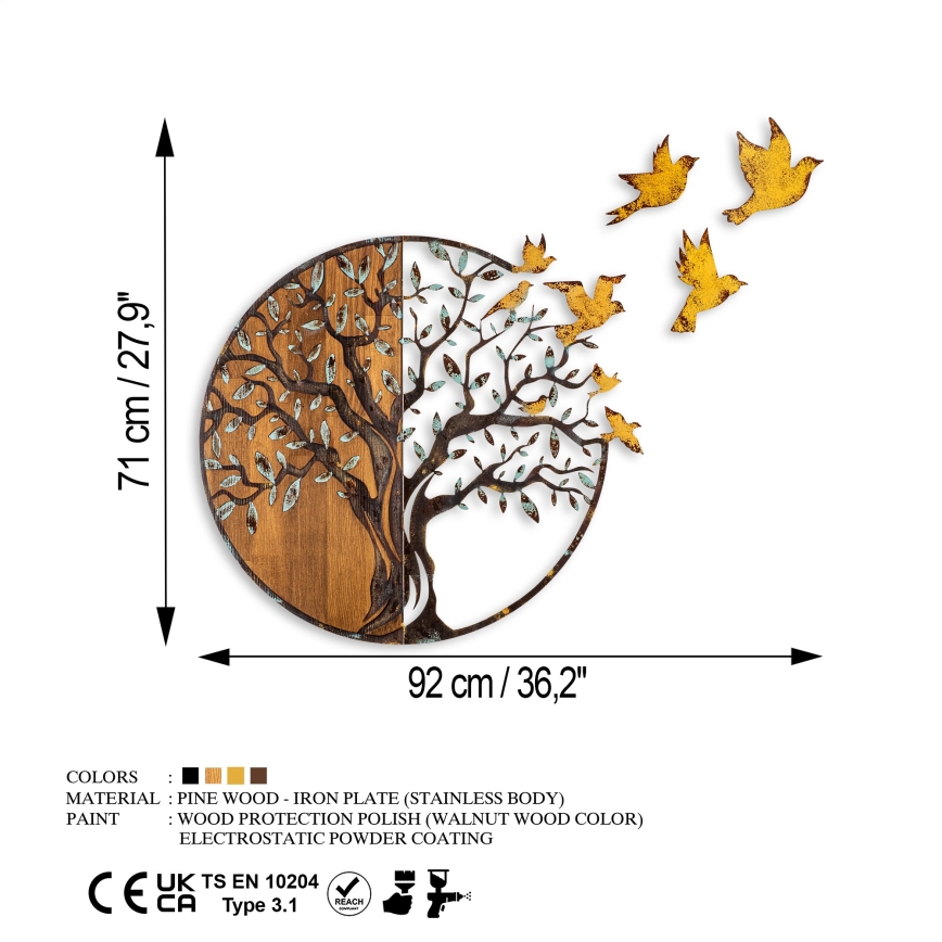 Nástenná dekorácia 92x71 cm strom a vtáci drevo/kov