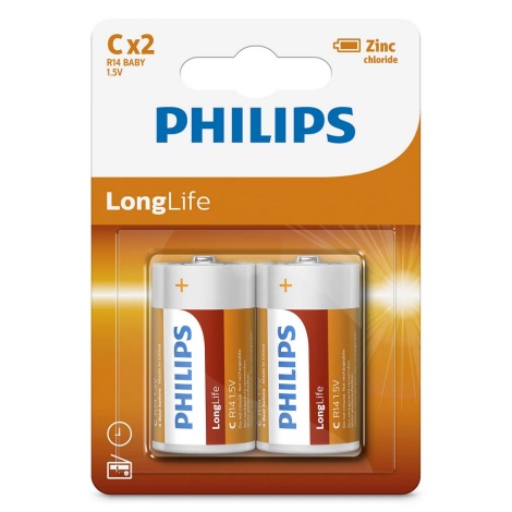 Philips R14L2B/10 - 2 ks Zinkochloridová batéria C LONGLIFE 1,5V 2800mAh