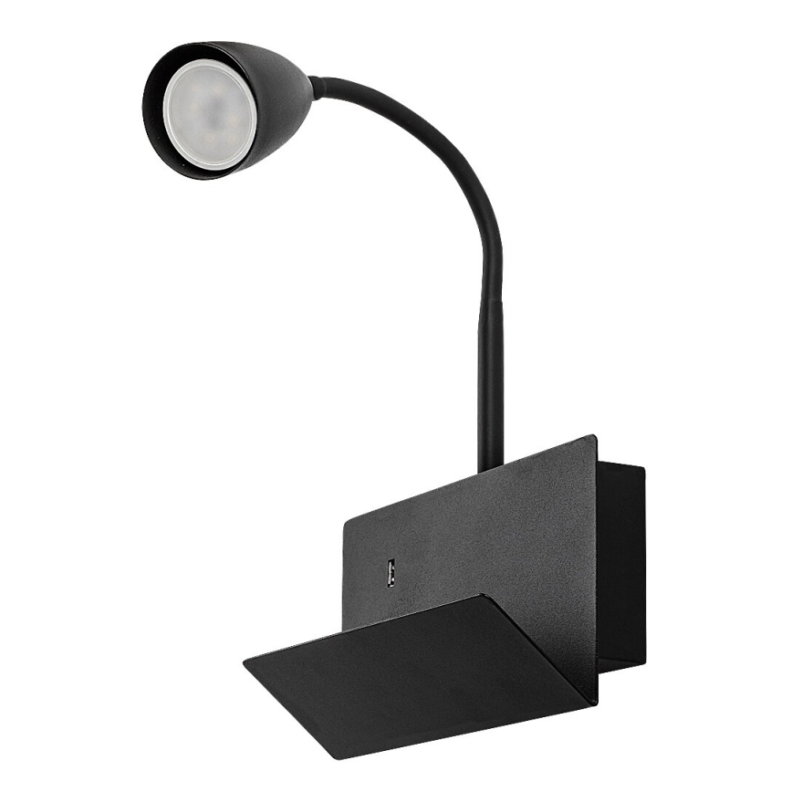 Rabalux - Nástenná lampa s poličkou a USB portom 1xGU10/25W/230V čierna