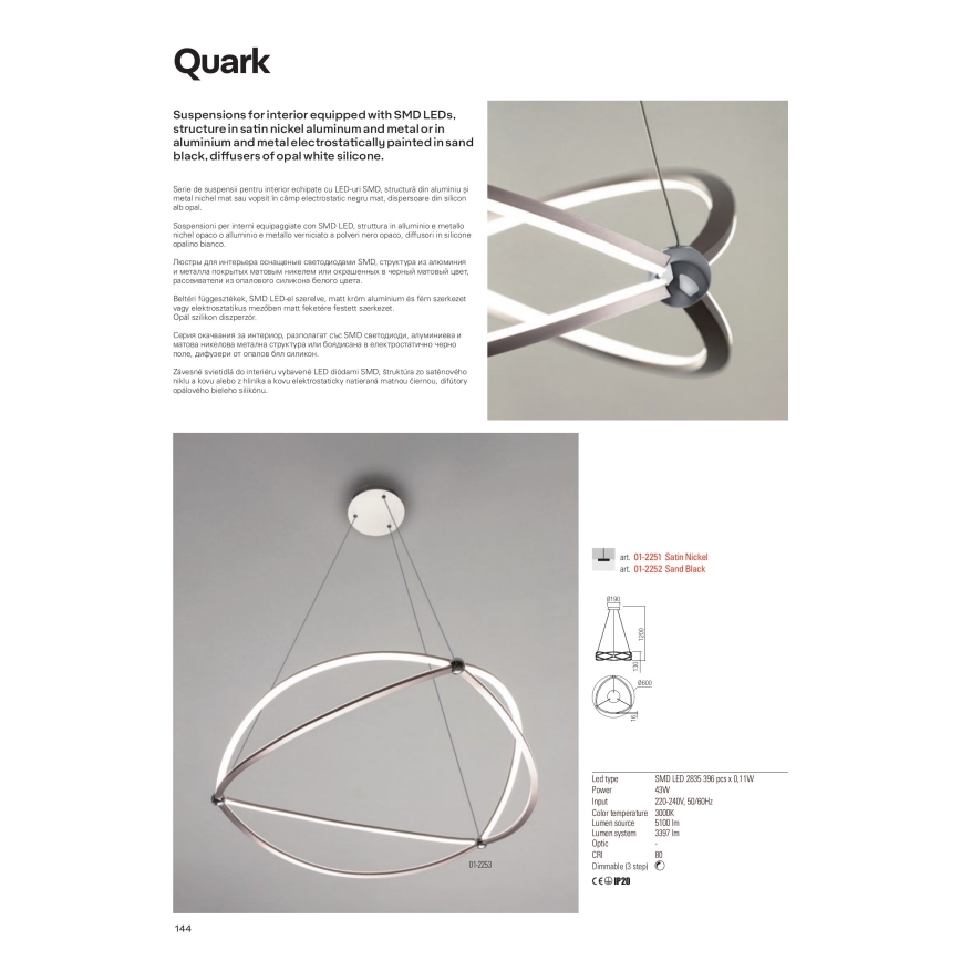 Redo 01-2251 - LED Stmievateľný luster na lanku QUARK LED/43W/230V 3000K pr. 60 cm chróm