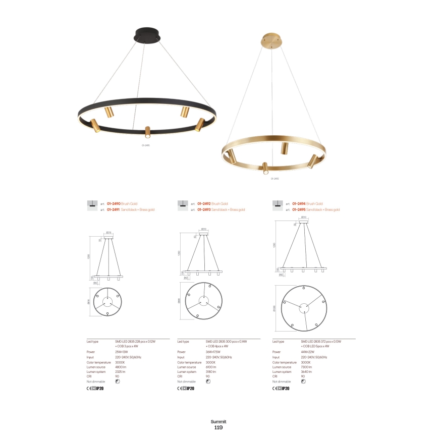 Redo 01-2490 - LED Luster na lanku SUMMIT LED/38W/230V CRI 90 pr. 61,6 cm zlatá