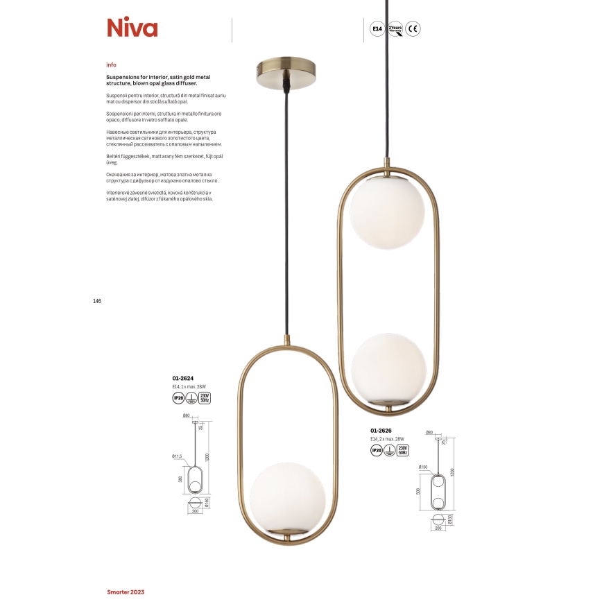 Redo 01-2625 - Luster na lanku NIVA 2xE14/28W/230V