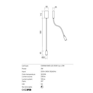 Redo 01-2755 - LED Flexibilná lampička WALLIE LED/3W/230V USB CRI 90 čierna