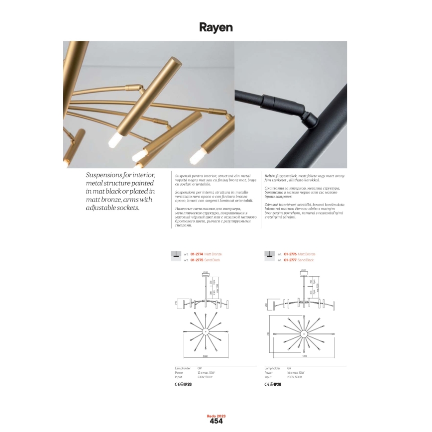 Redo 01-2774 - Luster na tyči RAYEN 12xG9/10W/230V bronz