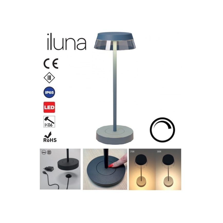 Redo 90310 - LED Stmievateľná dotyková stolná lampa ILUNA LED/2,5W/5V 2700-3000K 3000 mAh IP65 modrá