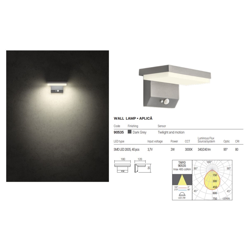 Redo 90535 - LED Solárne nástenné svietidlo so senzorom TAIYO LED/2W/3,7V 3000K IP54 antracit