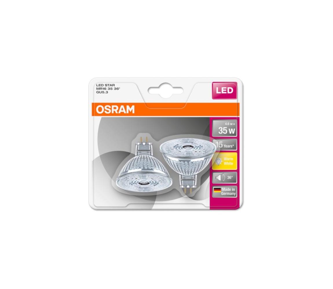 Obrázok OSRAM LED STAR MR16 36° 12V 4,6W 827 GU5.3 noDIM A+ Sklo 350lm 2700K 15000h (blistr 2ks) 4052899388215