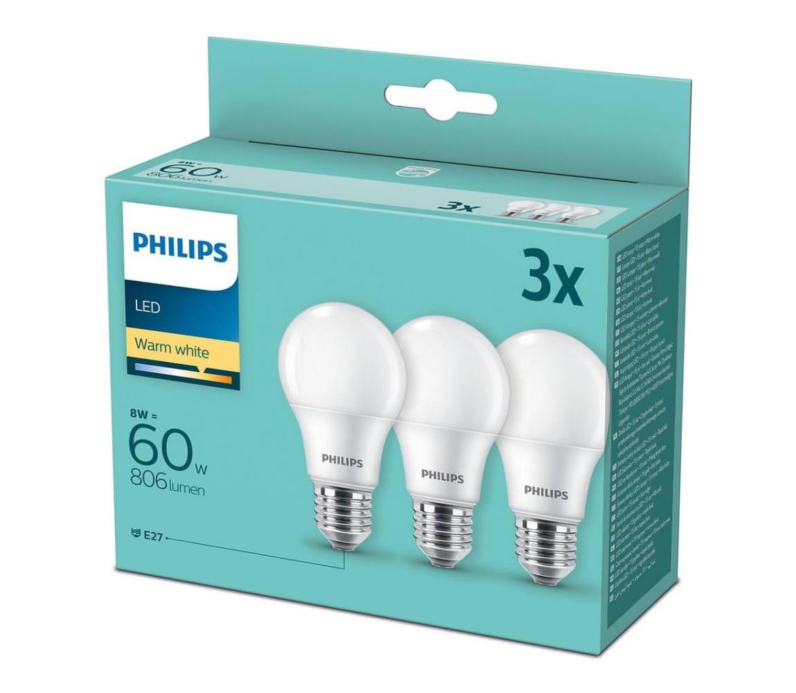 Philips SADA 3x LED Žiarovka Philips A60 E27/8W/230V 2700K 