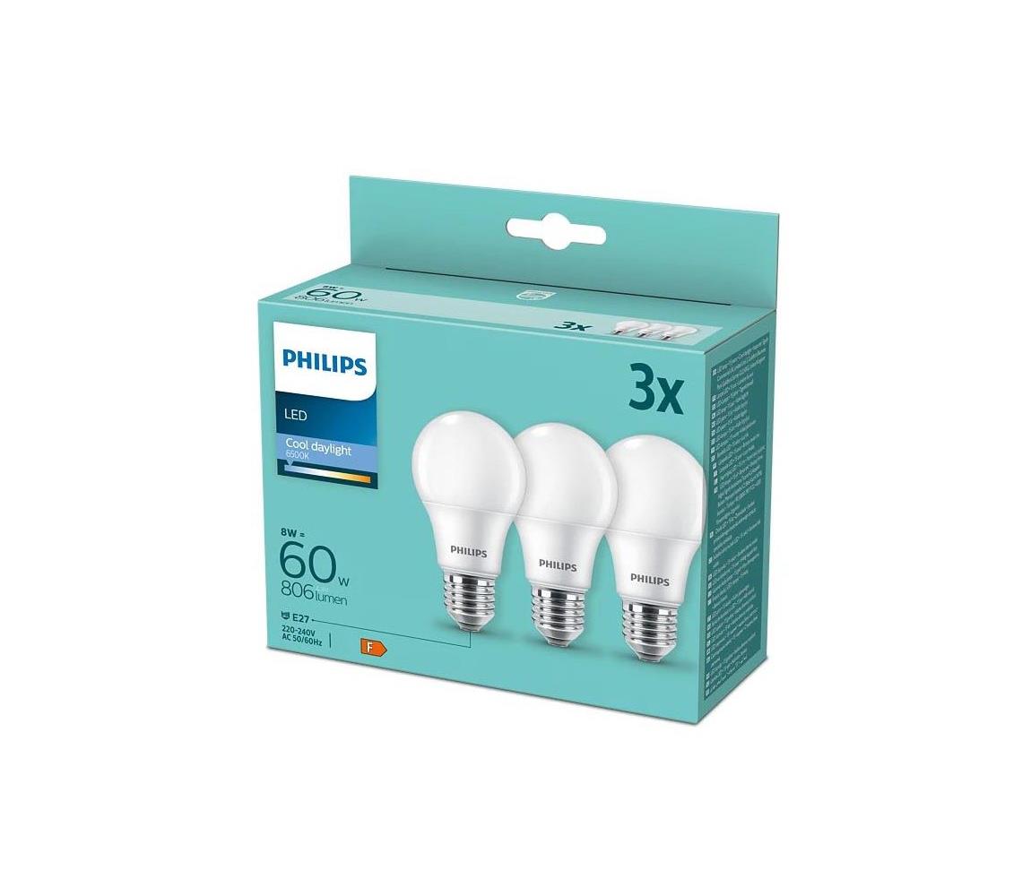 Philips SADA 3x LED Žiarovka Philips A60 E27/8W/230V 6500K 