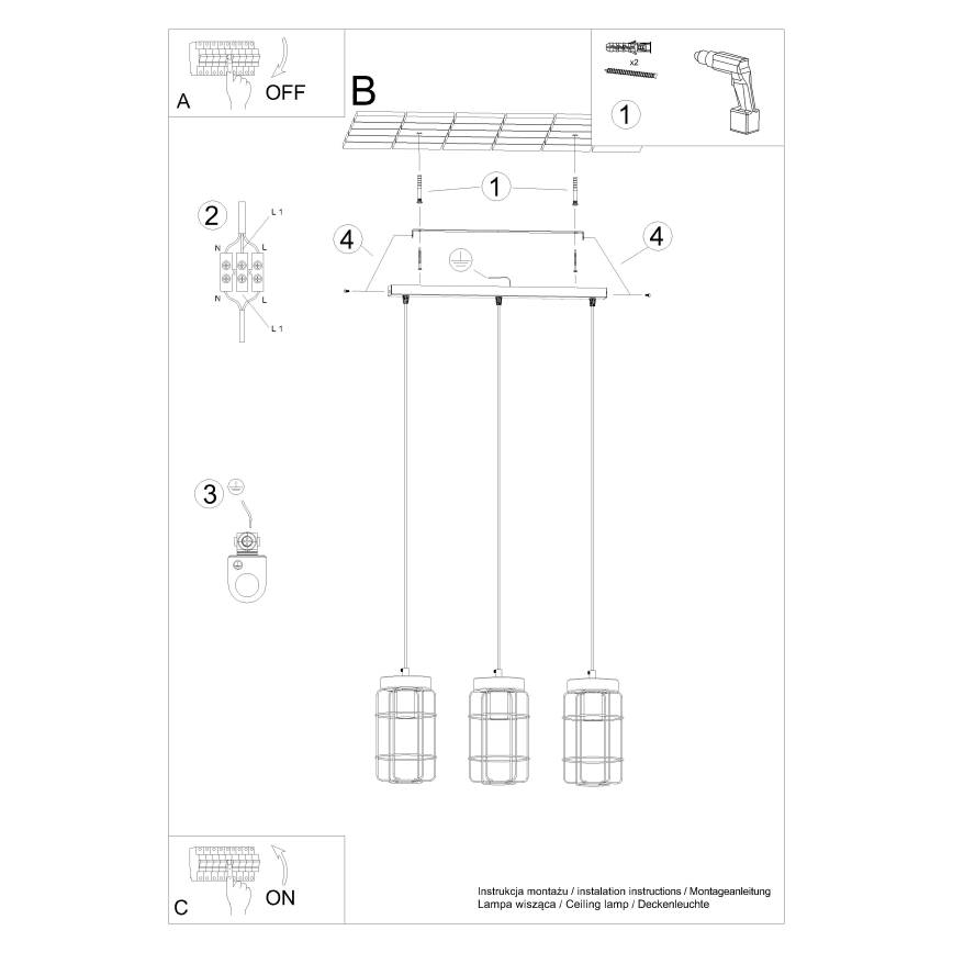 Luster na lanku GOTTO 3xE27/15W/230V čierna/buk