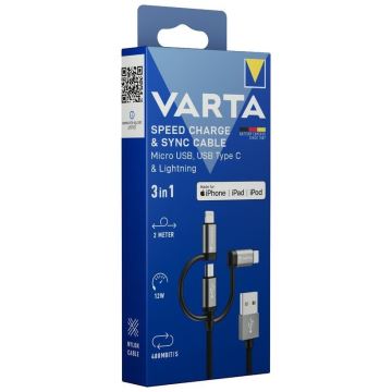 Varta 57937101111 - USB kábel 3v1 s konektorem Lightning a Micro USB 2m